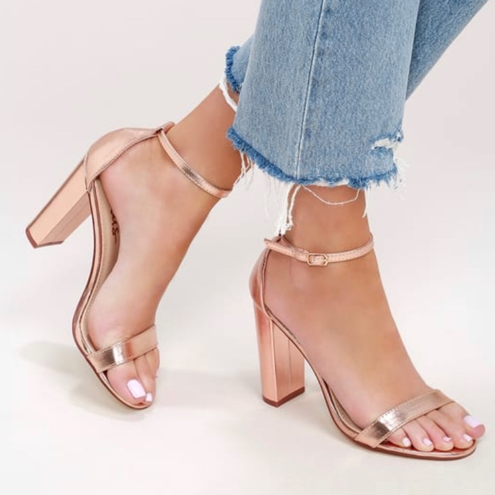 Rose gold ankle strap heels